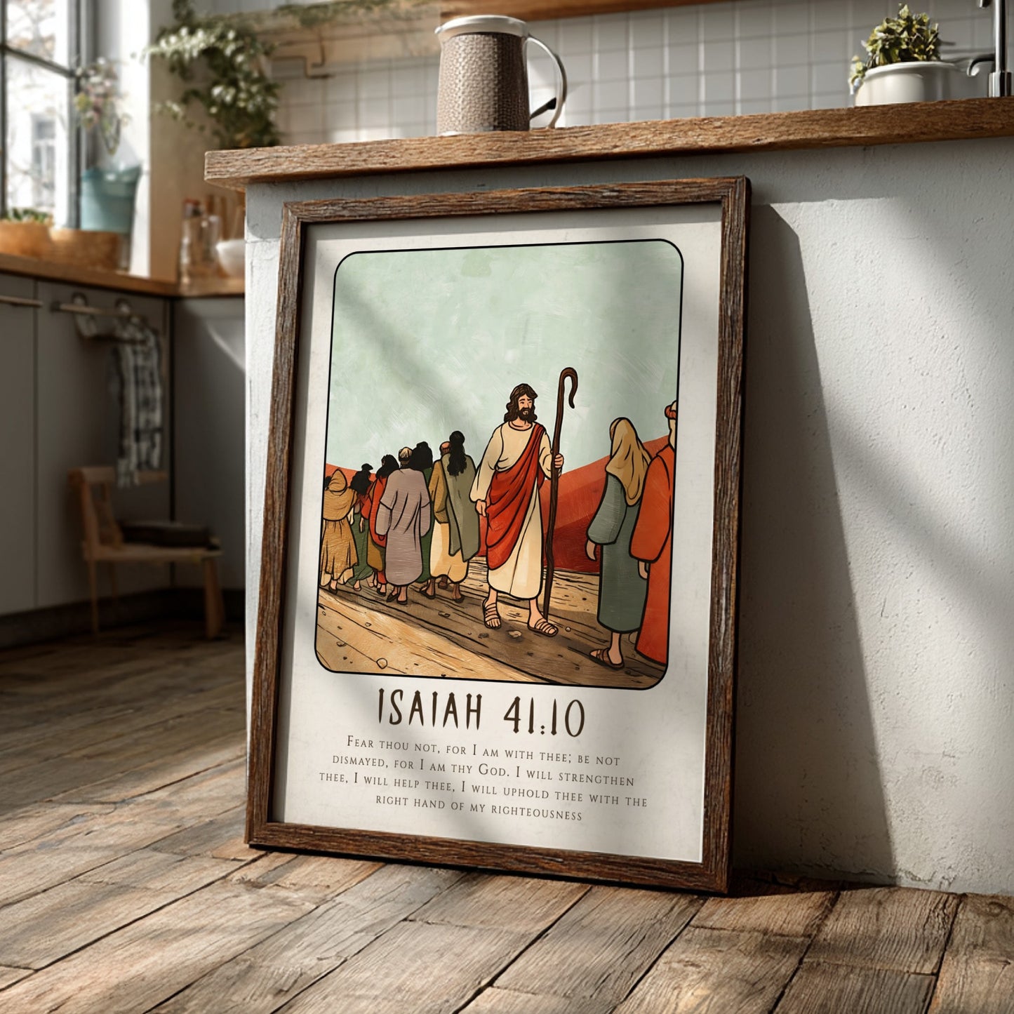 Isaiah 41:10 poster featuring a serene biblical scene in warm colors, perfect for inspirational wall decor.