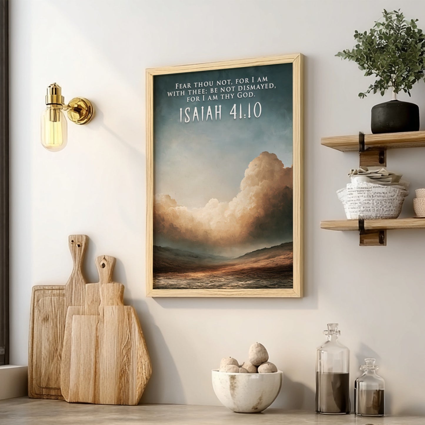 Poster featuring Isaiah 41:10 text over a serene desert landscape with cloudy skies.