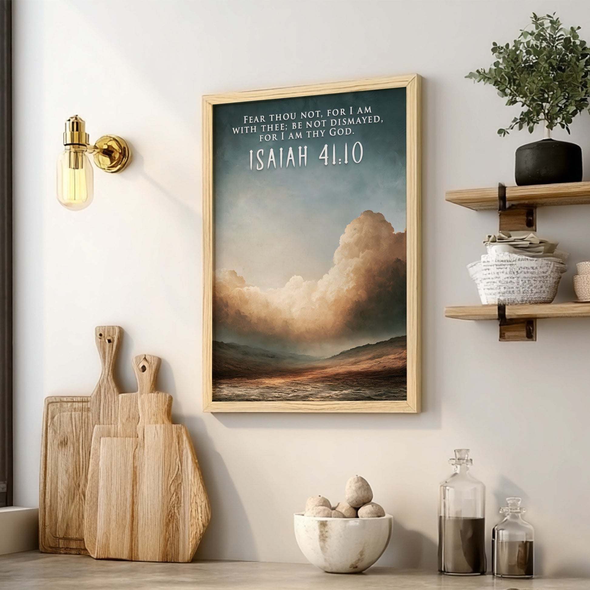 Poster featuring Isaiah 41:10 text over a serene desert landscape with cloudy skies.