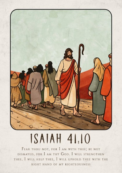 Isaiah 41:10 poster featuring a serene biblical scene in warm colors, perfect for inspirational wall decor.