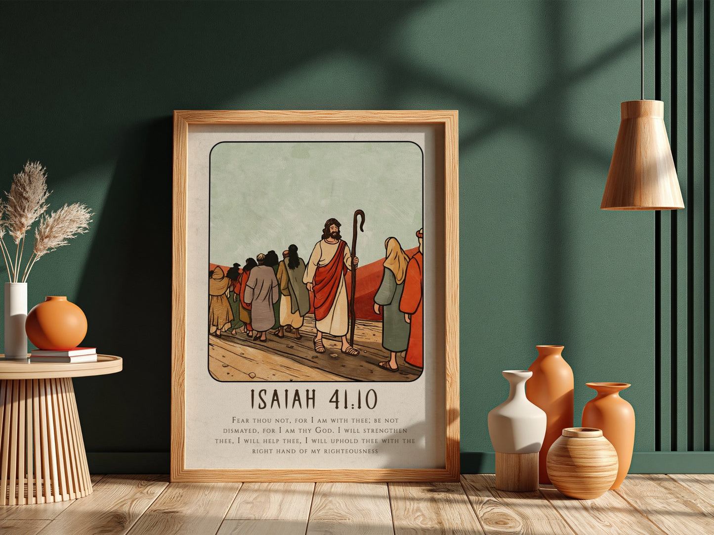 Isaiah 41:10 poster featuring a serene biblical scene in warm colors, perfect for inspirational wall decor.