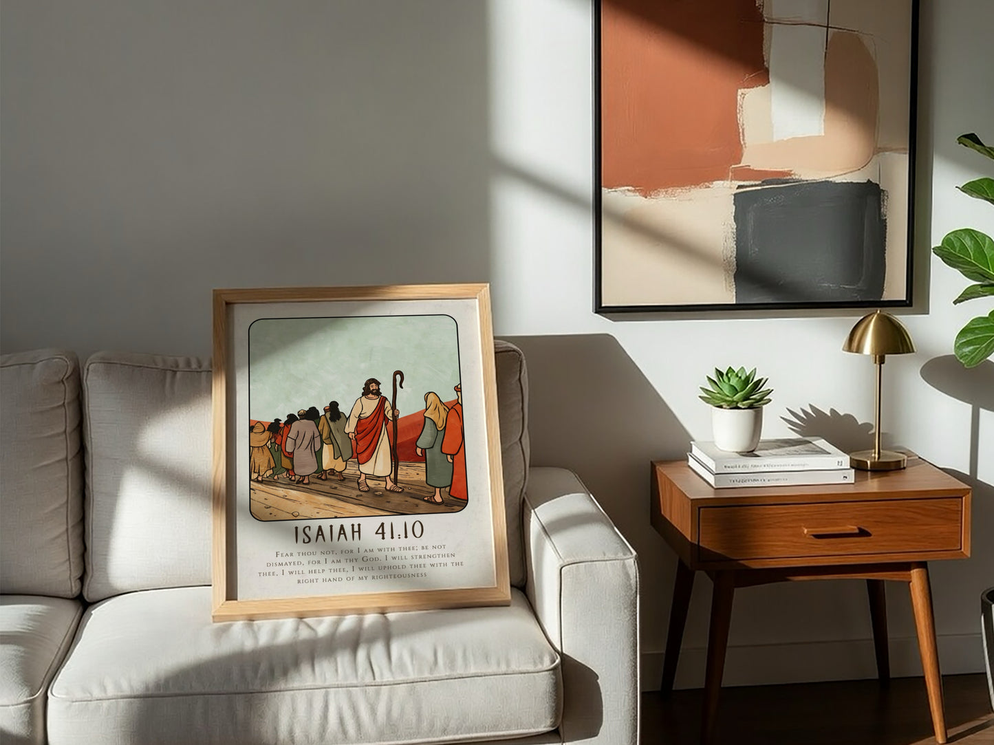 Isaiah 41:10 poster featuring a serene biblical scene in warm colors, perfect for inspirational wall decor.