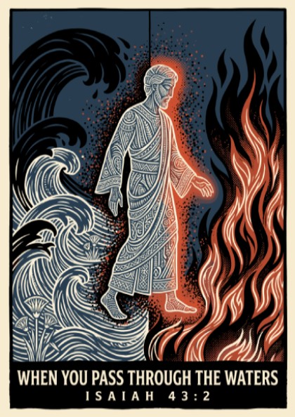 Poster featuring a figure walking between a large blue wave and orange flames.