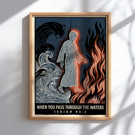 Poster featuring a figure walking between a large blue wave and orange flames.
