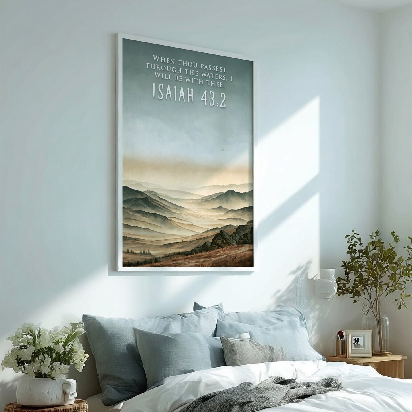 Poster of a misty mountain range with the bible verse Isaiah 43:2 displayed