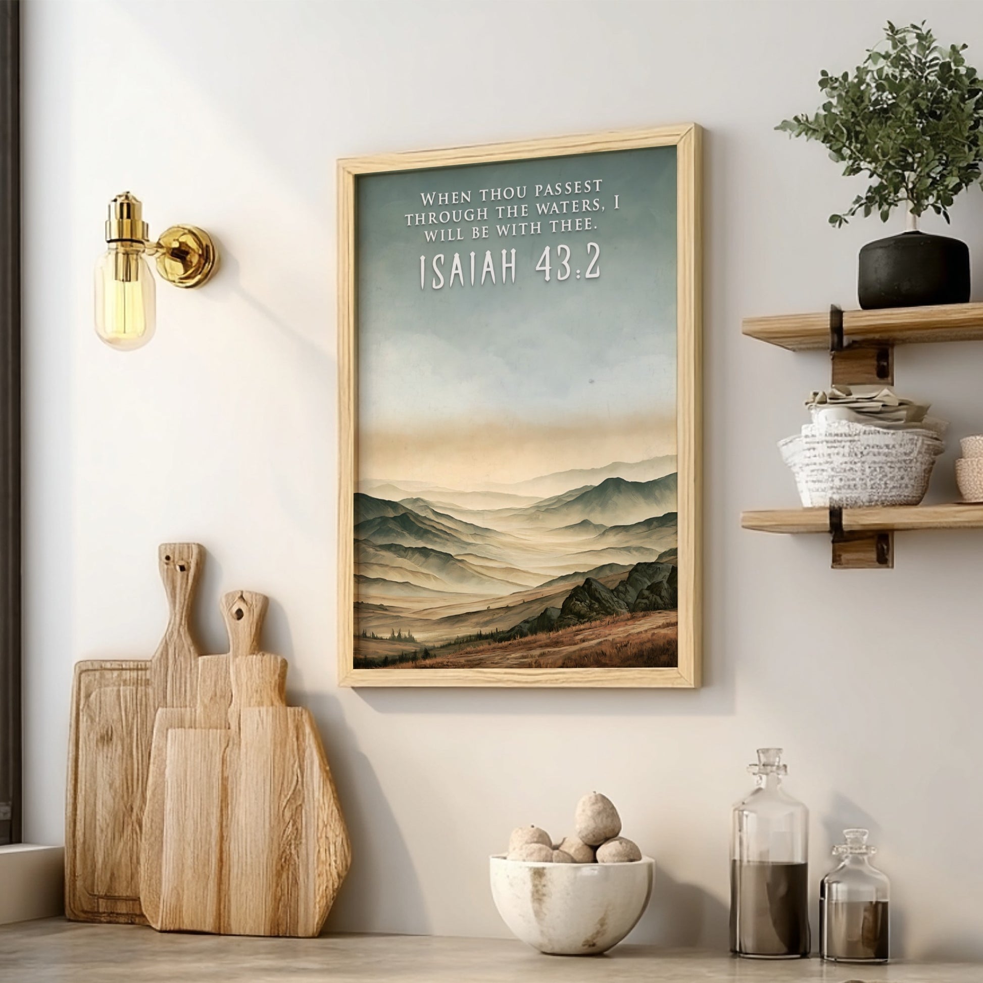 Poster of a misty mountain range with the bible verse Isaiah 43:2 displayed