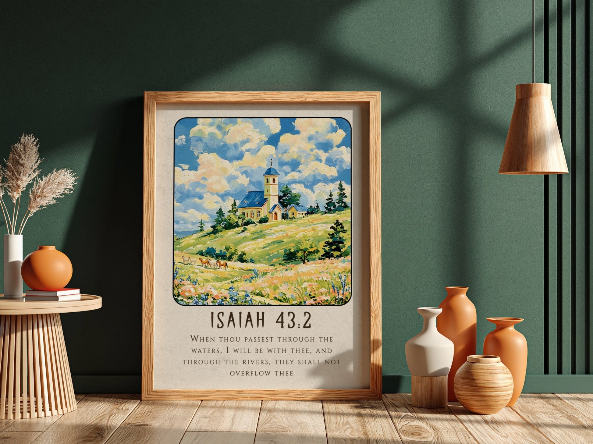 Isaiah 43:2 poster featuring a serene landscape with a church, vibrant fields, and soft colors, ideal for