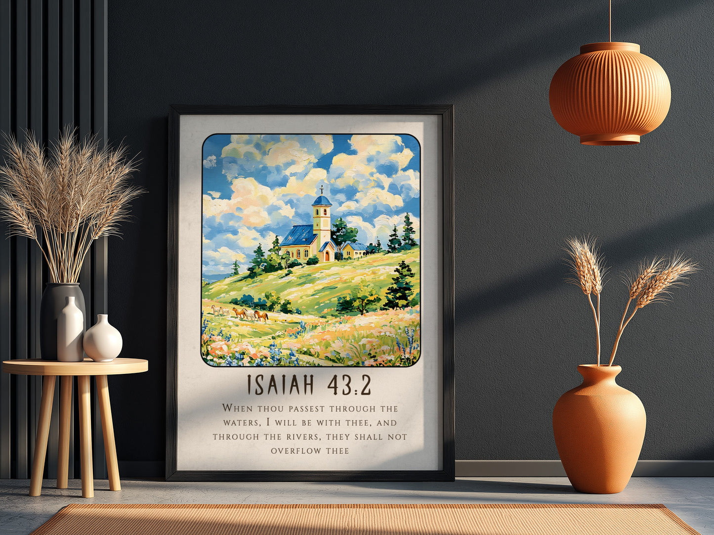 Isaiah 43:2 poster featuring a serene landscape with a church, vibrant fields, and soft colors, ideal for