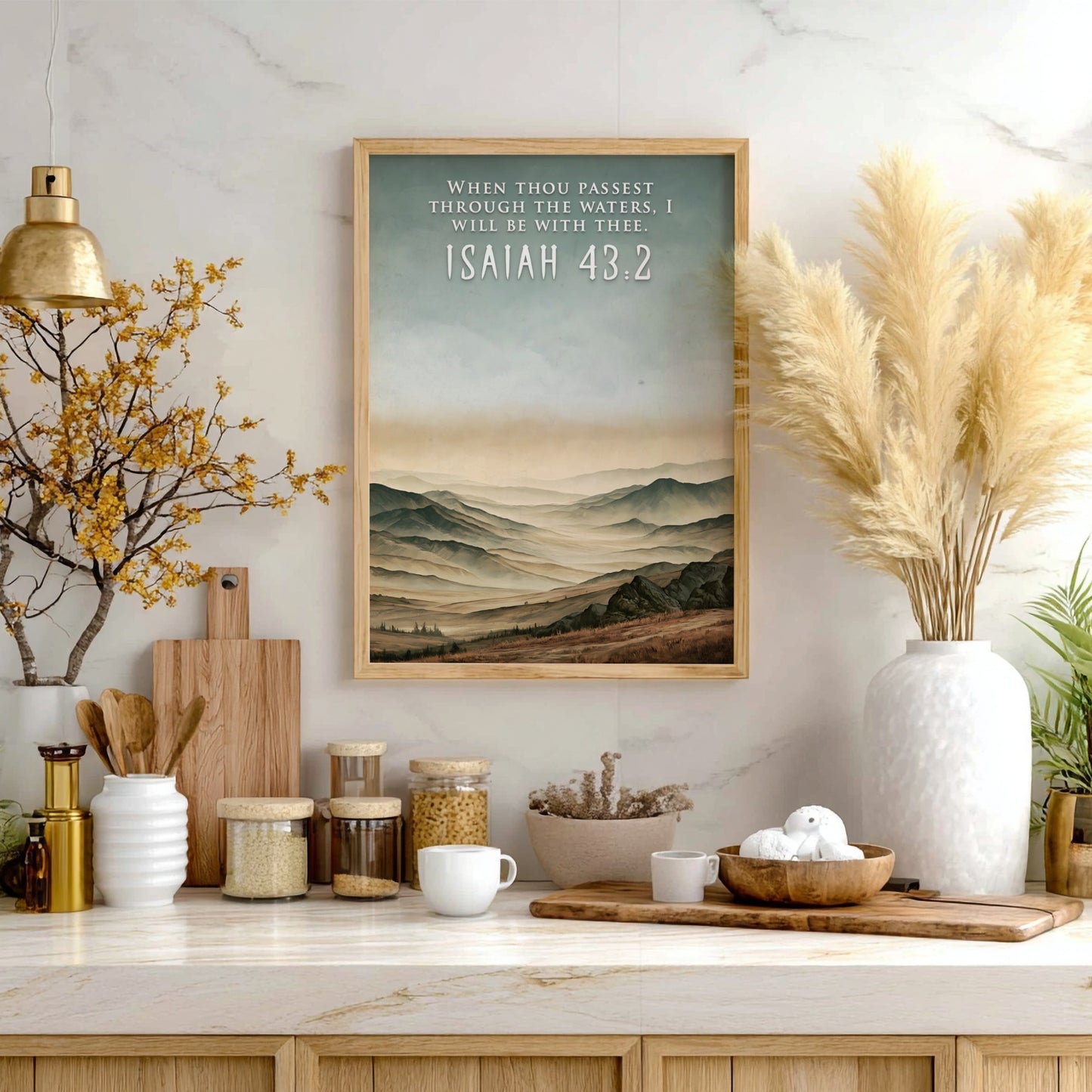 Poster of a misty mountain range with the bible verse Isaiah 43:2 displayed