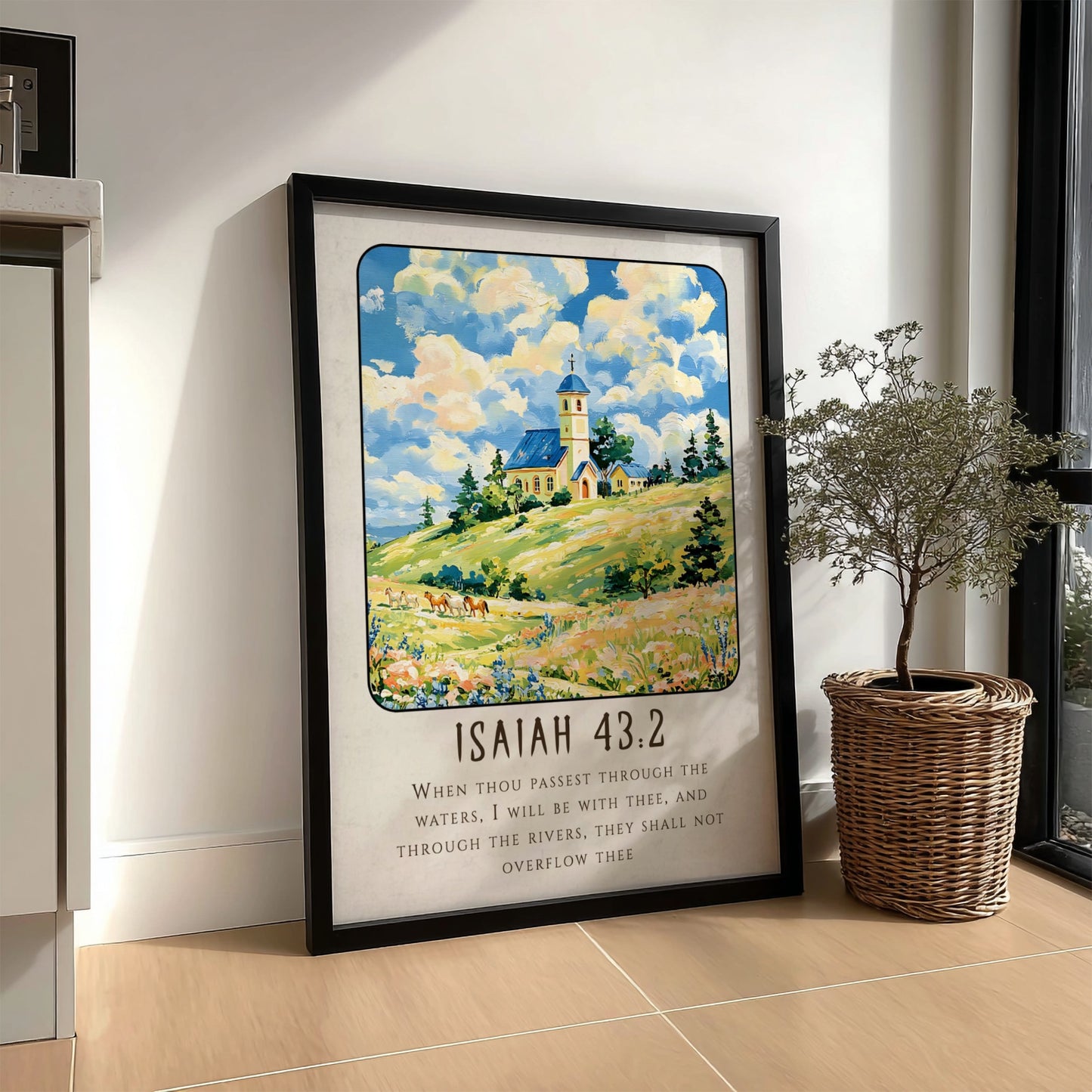 Isaiah 43:2 poster featuring a serene landscape with a church, vibrant fields, and soft colors, ideal for