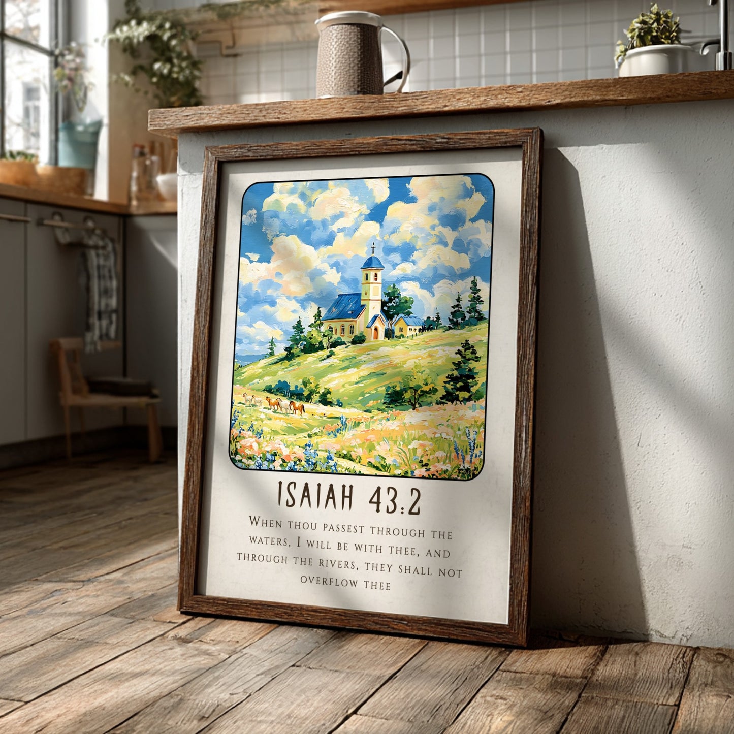 Isaiah 43:2 poster featuring a serene landscape with a church, vibrant fields, and soft colors, ideal for