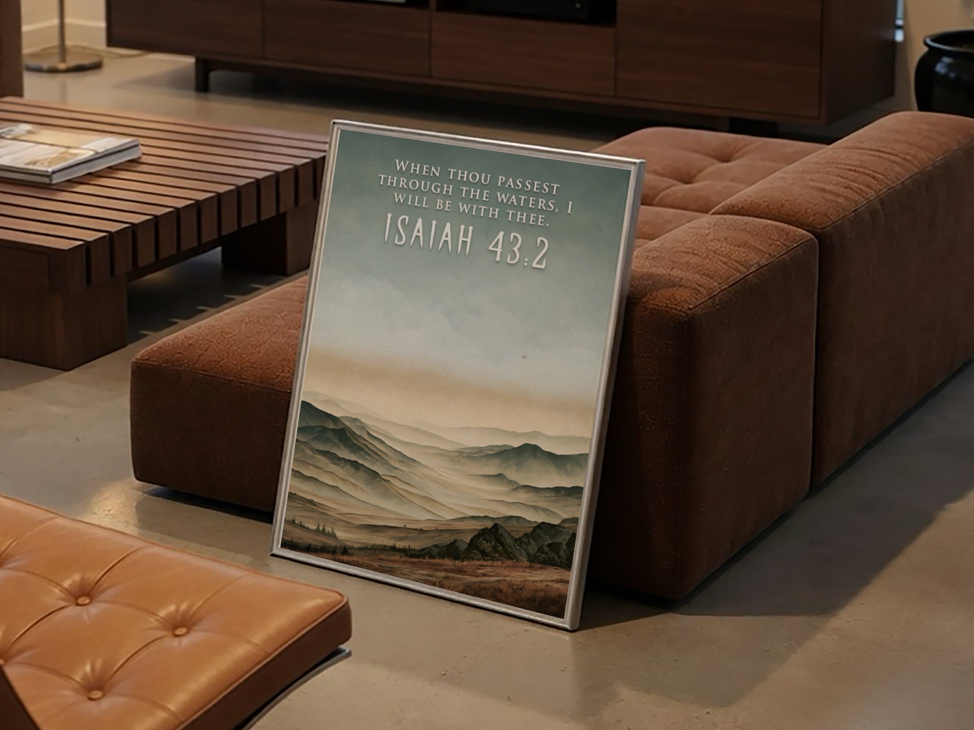 Poster of a misty mountain range with the bible verse Isaiah 43:2 displayed