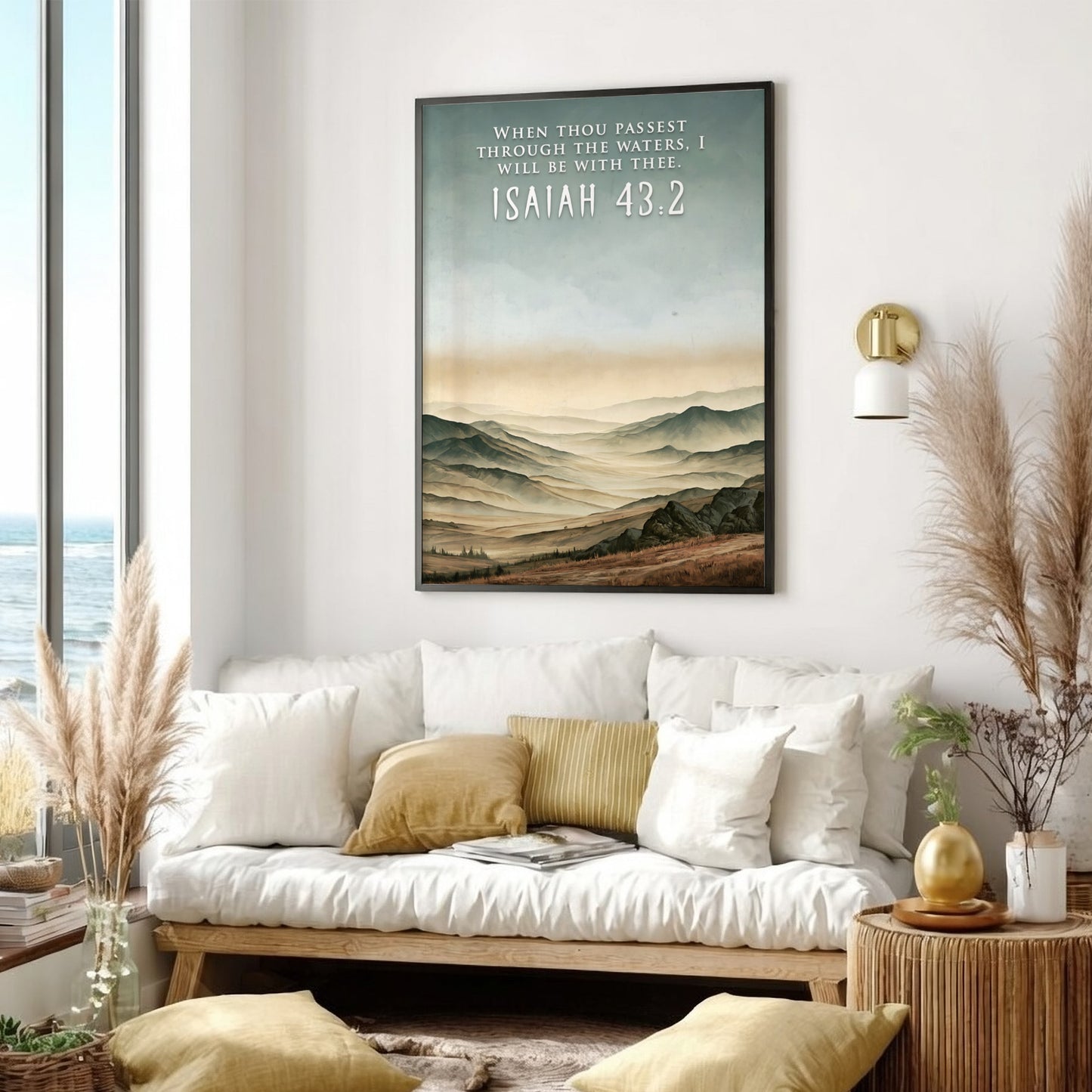 Poster of a misty mountain range with the bible verse Isaiah 43:2 displayed