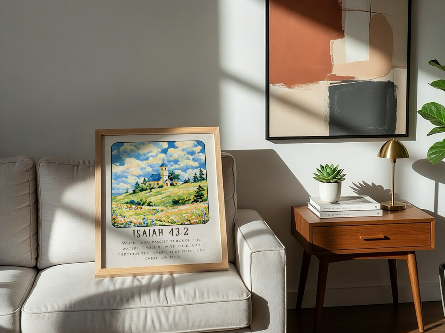 Isaiah 43:2 poster featuring a serene landscape with a church, vibrant fields, and soft colors, ideal for