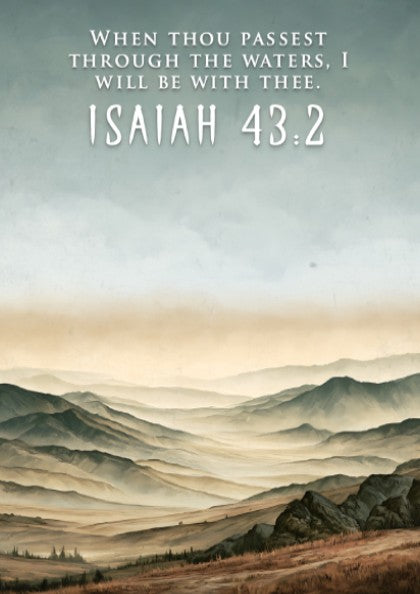 Poster of a misty mountain range with the bible verse Isaiah 43:2 displayed