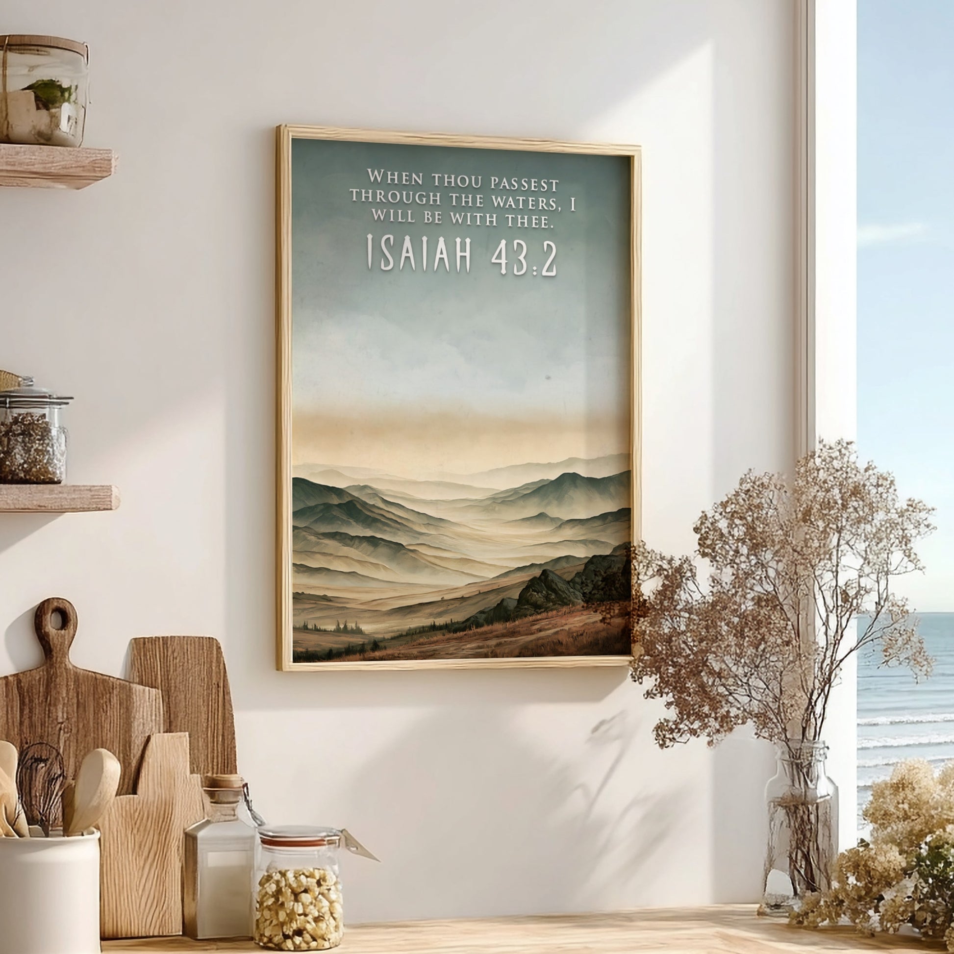 Poster of a misty mountain range with the bible verse Isaiah 43:2 displayed