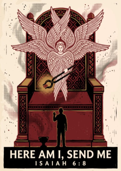 Poster featuring a seraph with large wings and coal, silhouette of a person, crimson tones.