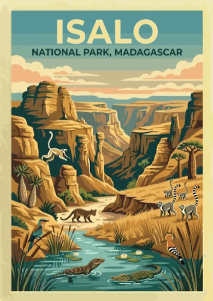 Isalo National Park poster featuring vibrant colors and wildlife, showcasing Madagascar's unique landscapes