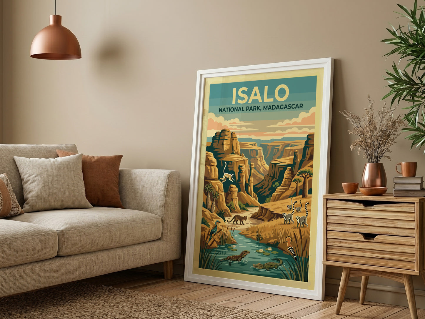 Isalo National Park poster featuring vibrant colors and wildlife, showcasing Madagascar's unique landscapes