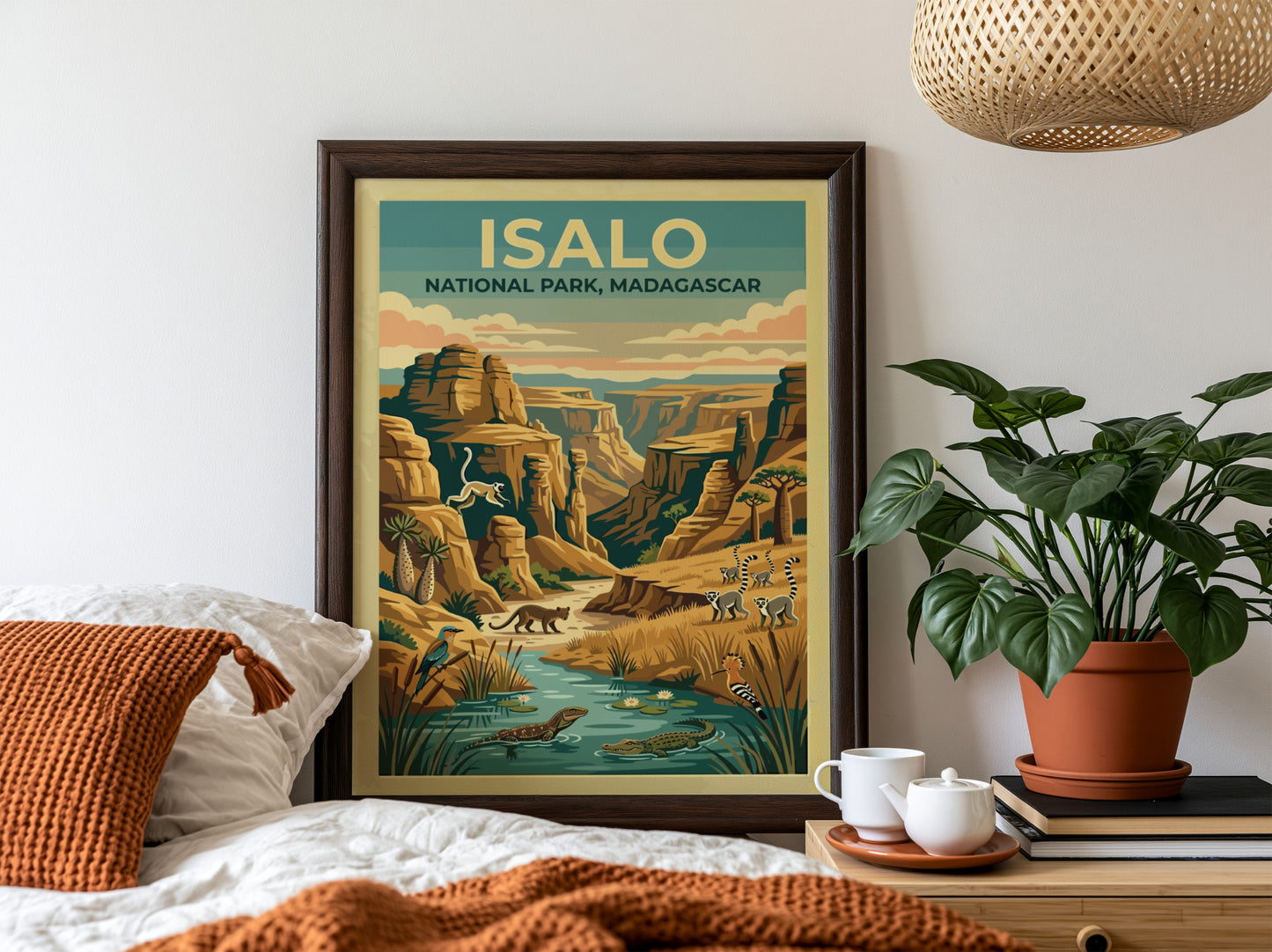 Isalo National Park poster featuring vibrant colors and wildlife, showcasing Madagascar's unique landscapes
