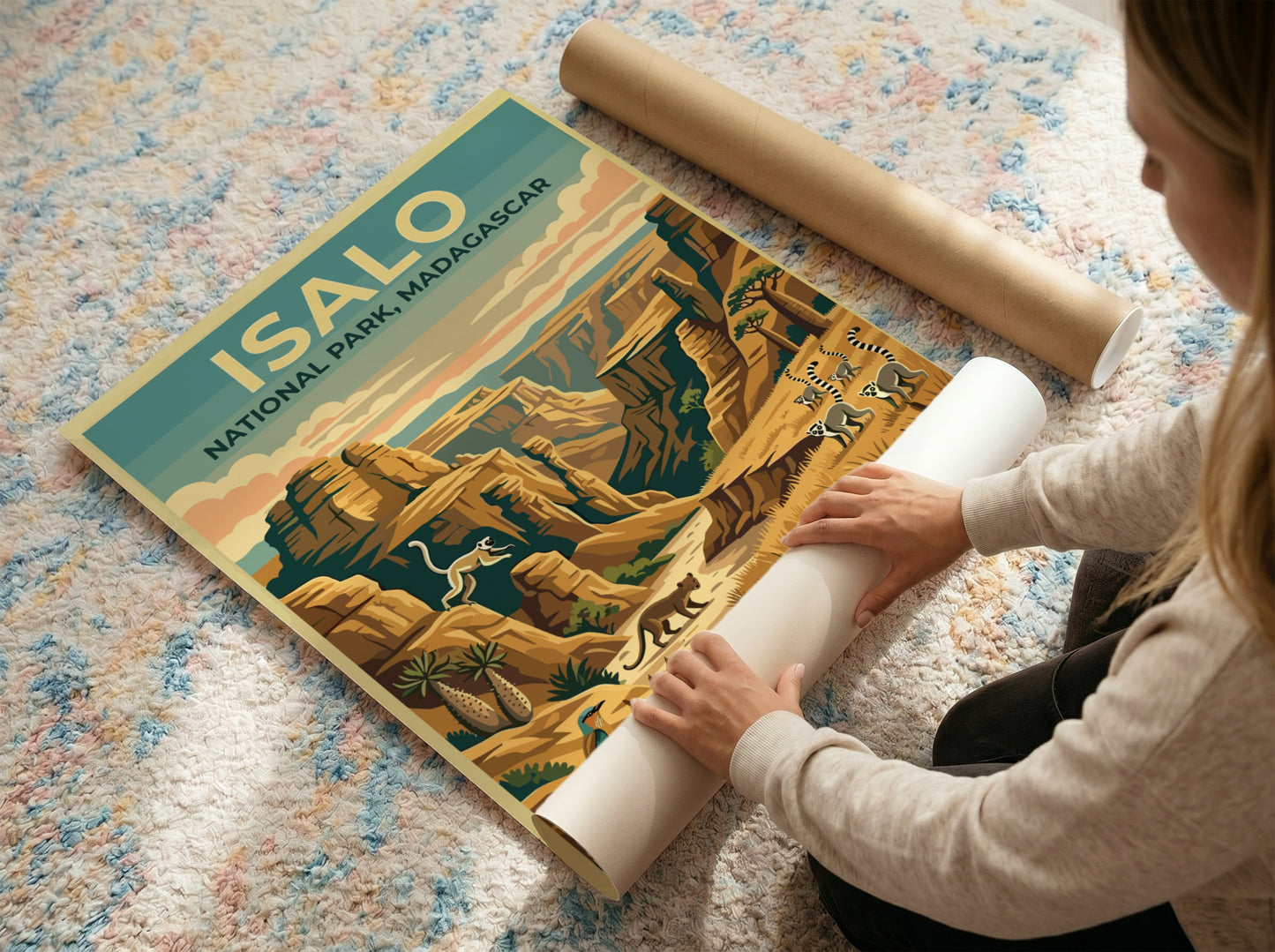 Isalo National Park poster featuring vibrant colors and wildlife, showcasing Madagascar's unique landscapes