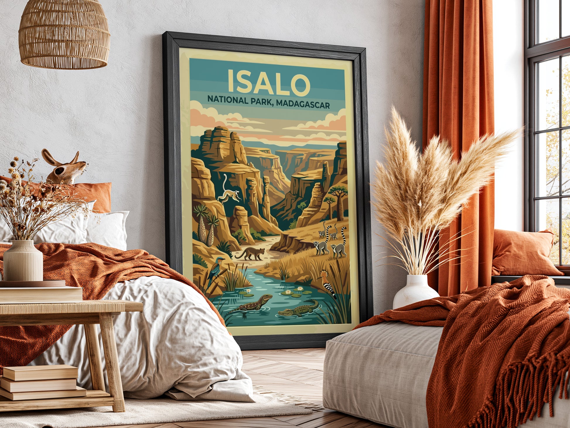 Isalo National Park poster featuring vibrant colors and wildlife, showcasing Madagascar's unique landscapes