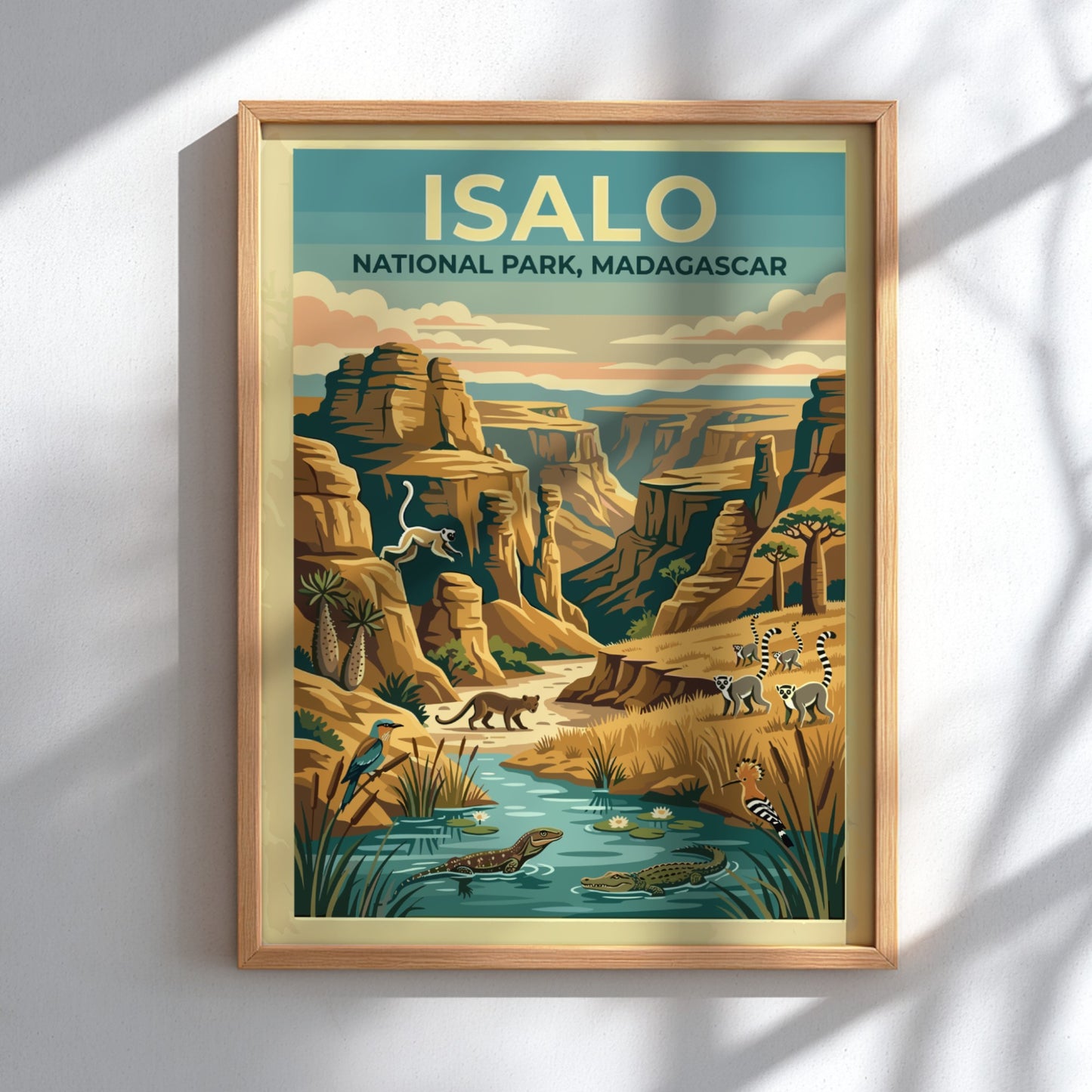 Isalo National Park poster featuring vibrant colors and wildlife, showcasing Madagascar's unique landscapes