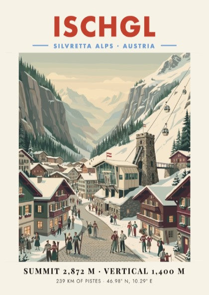 Ischgl ski resort poster featuring snow-covered mountains and chalets in vintage style