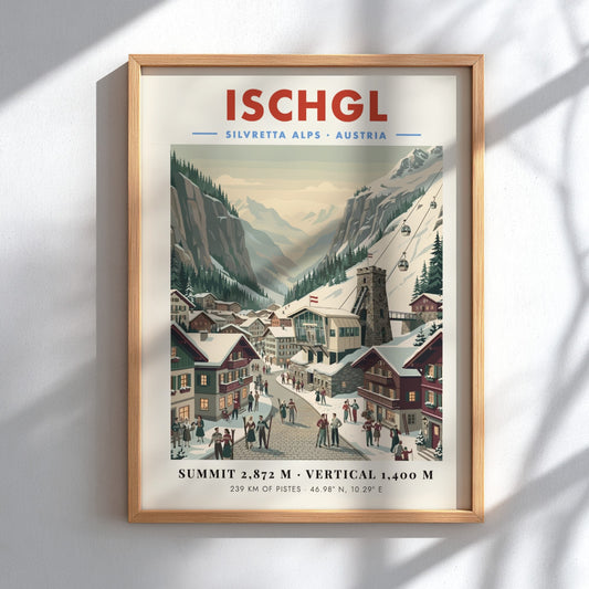 Ischgl ski resort poster featuring snow-covered mountains and chalets in vintage style