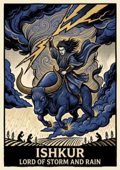 Poster featuring Ishkur, the Lord of Storm and Rain, riding a bull with lightning.