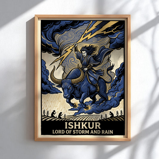 Poster featuring Ishkur, the Lord of Storm and Rain, riding a bull with lightning.