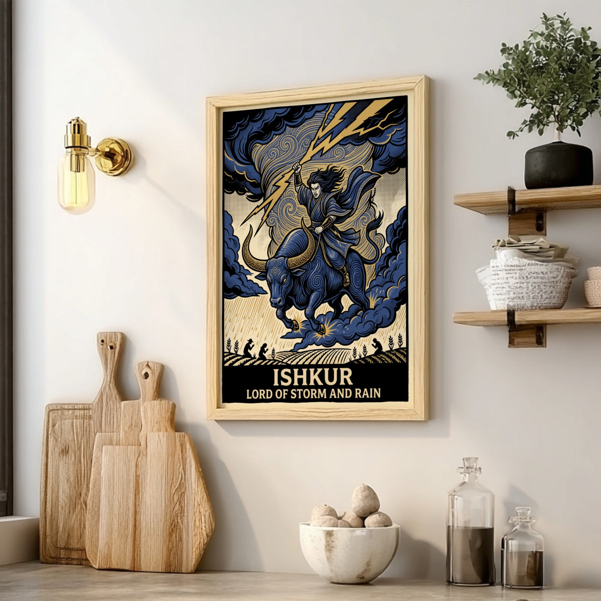 Poster featuring Ishkur, the Lord of Storm and Rain, riding a bull with lightning.