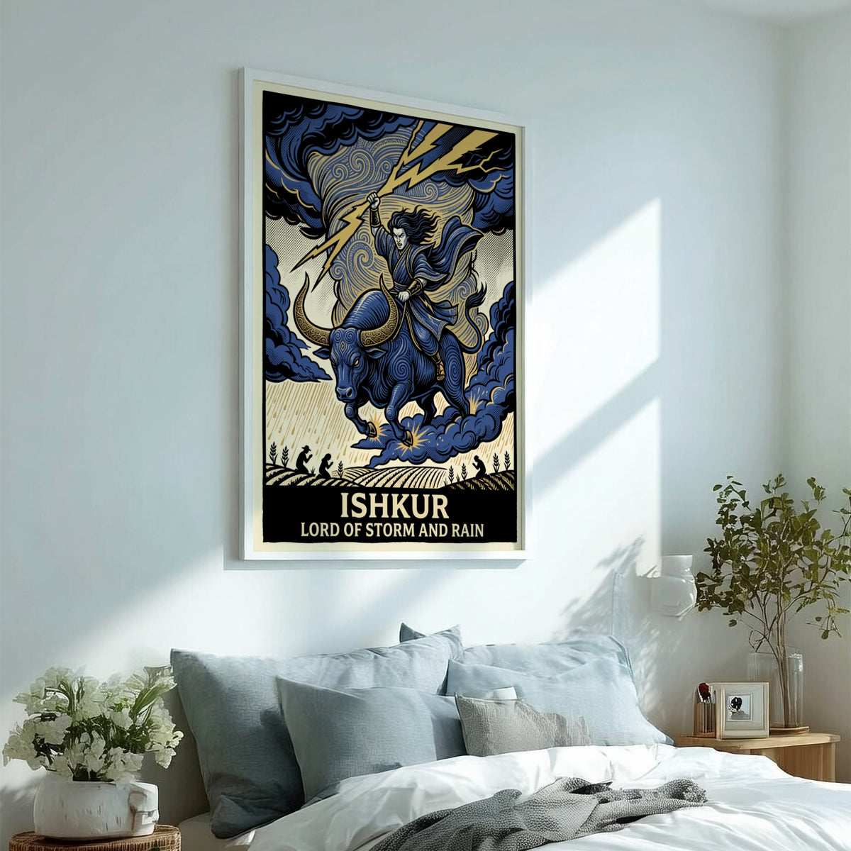 Poster featuring Ishkur, the Lord of Storm and Rain, riding a bull with lightning.