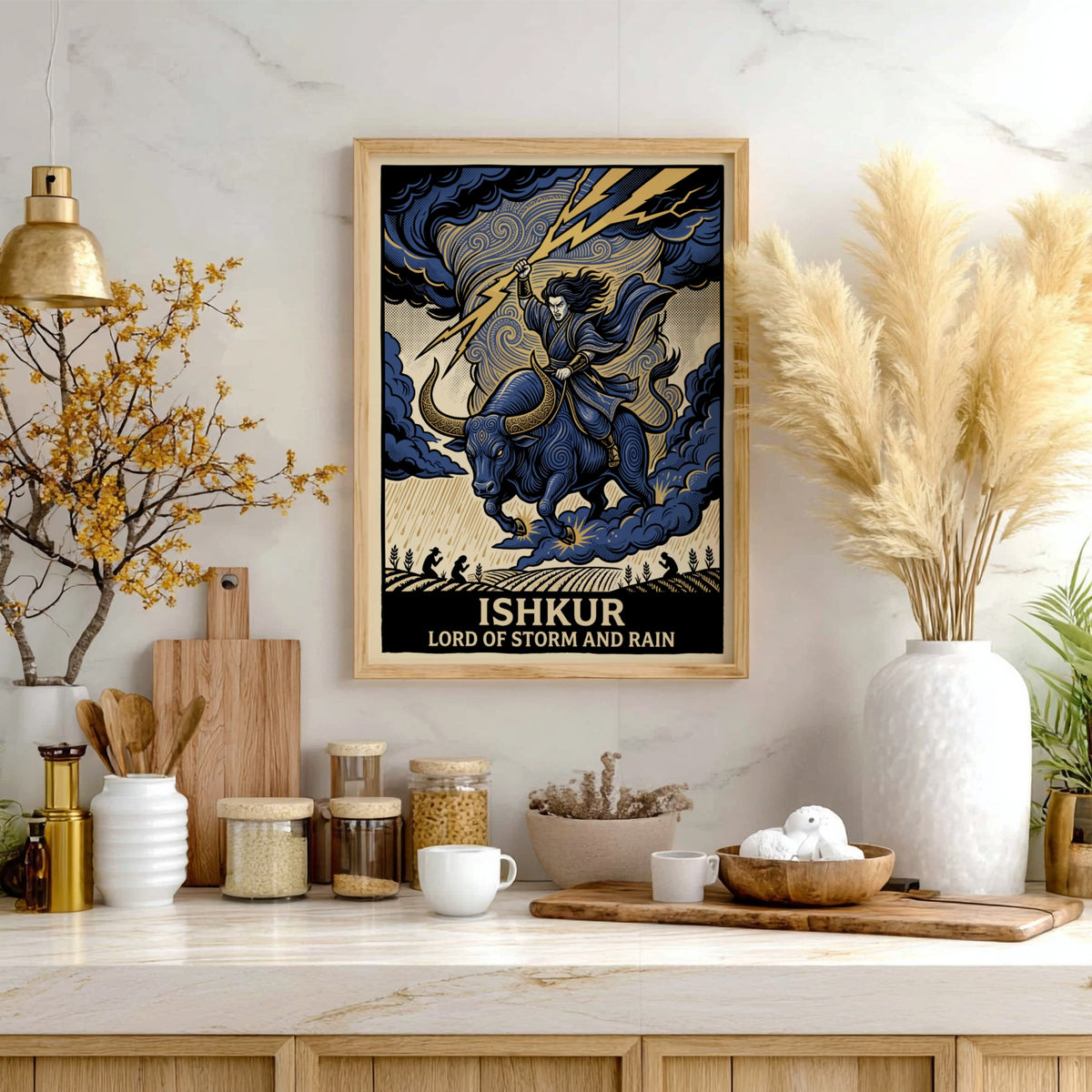 Poster featuring Ishkur, the Lord of Storm and Rain, riding a bull with lightning.