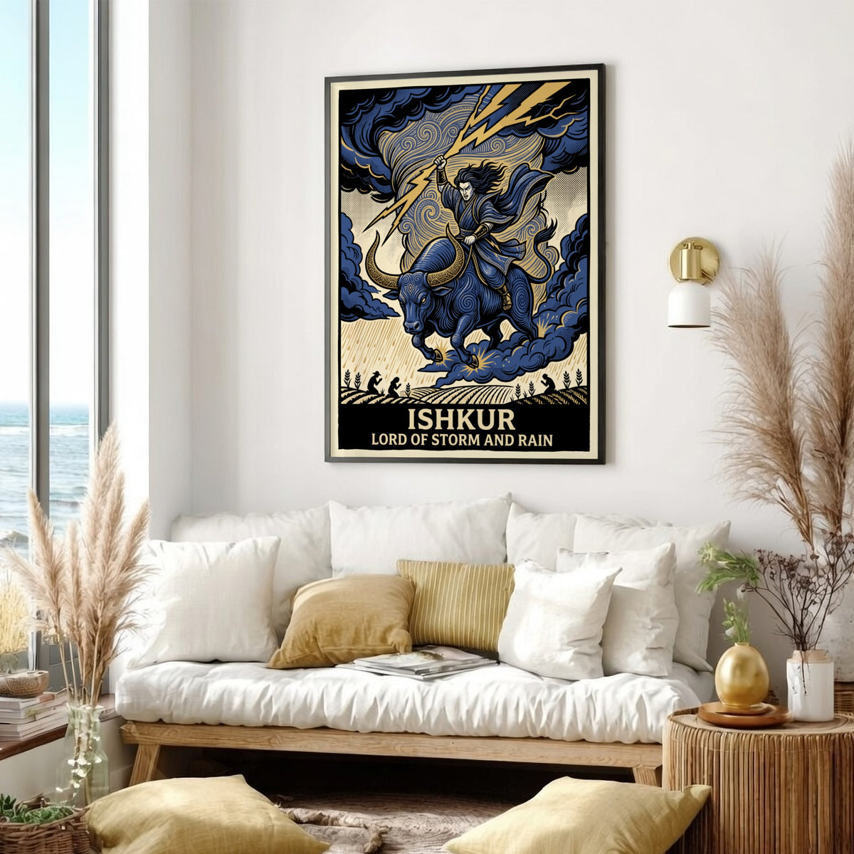 Poster featuring Ishkur, the Lord of Storm and Rain, riding a bull with lightning.