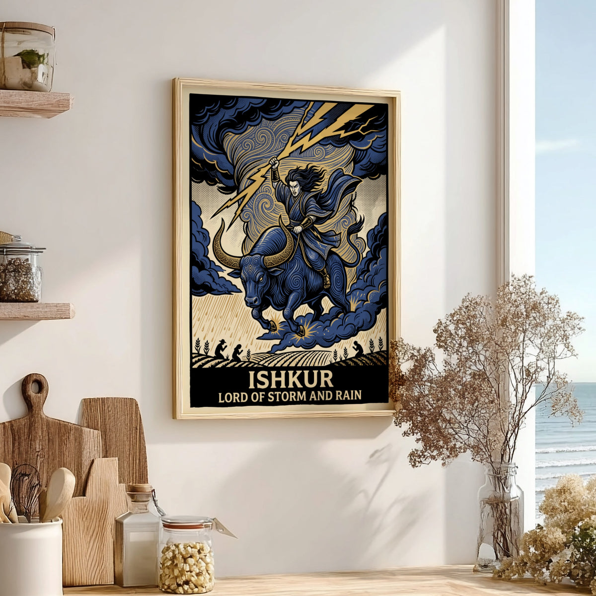 Poster featuring Ishkur, the Lord of Storm and Rain, riding a bull with lightning.