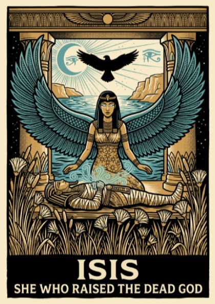 Poster featuring the Egyptian goddess Isis with wings over a mummy, rendered in ochre and blue tones.