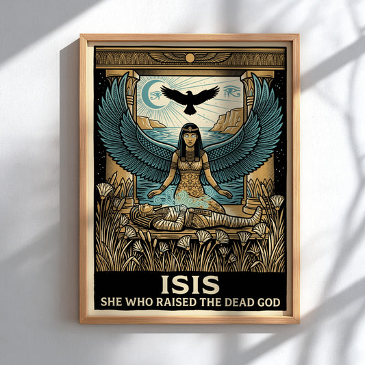 Poster featuring the Egyptian goddess Isis with wings over a mummy, rendered in ochre and blue tones.