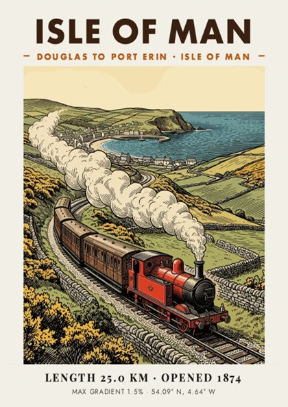 Vintage travel poster featuring a red steam train on the Isle of Man coastline.