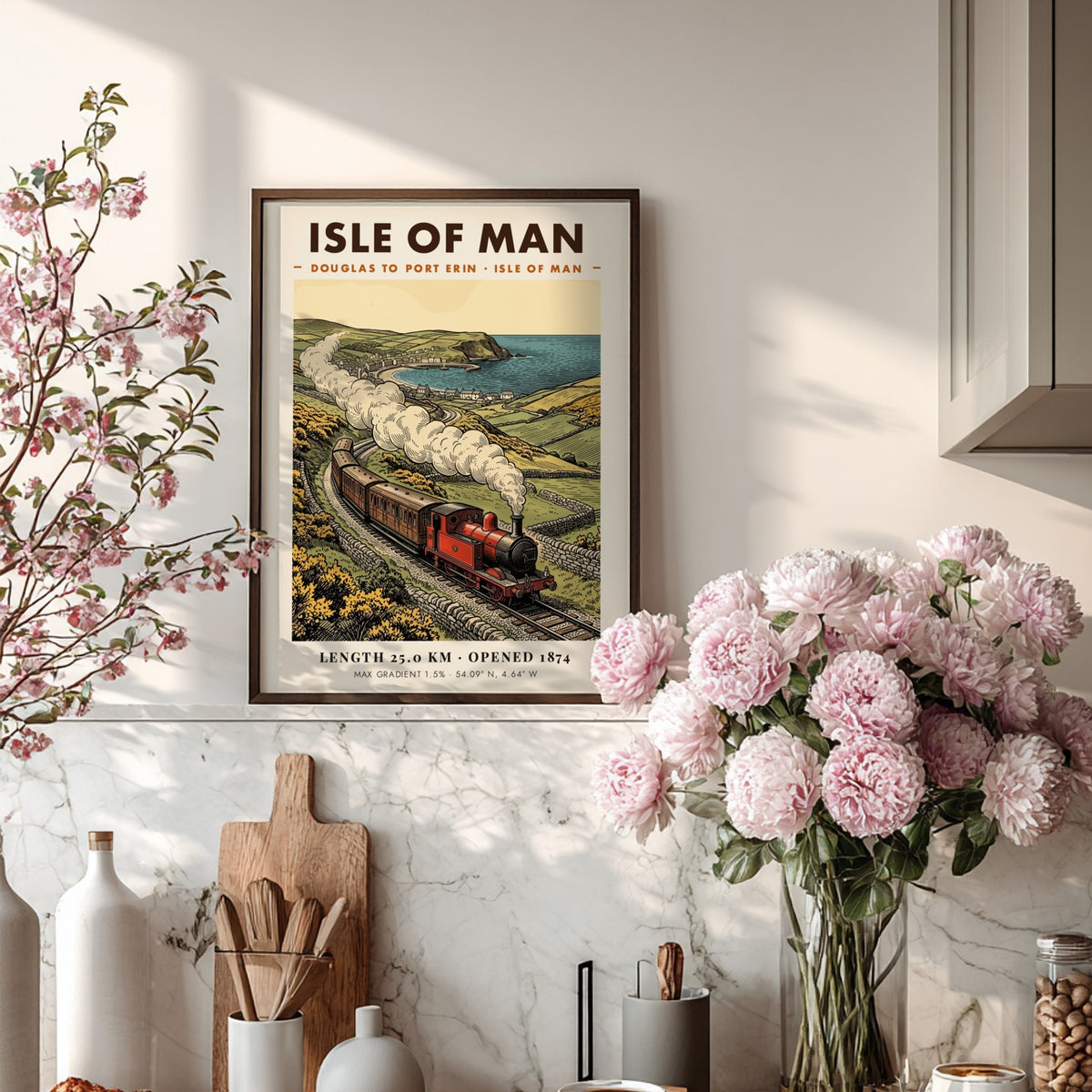 Vintage travel poster featuring a red steam train on the Isle of Man coastline.