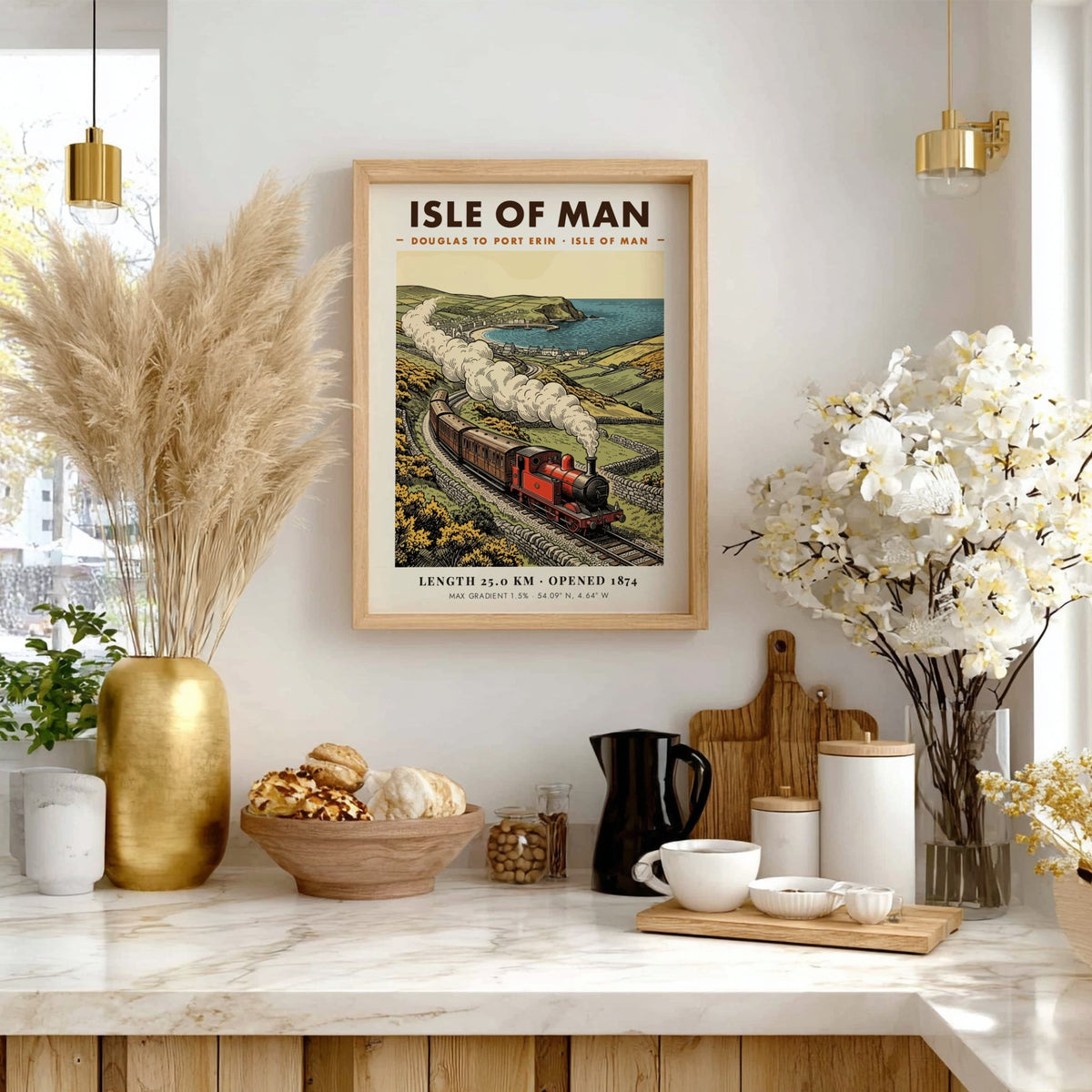 Vintage travel poster featuring a red steam train on the Isle of Man coastline.