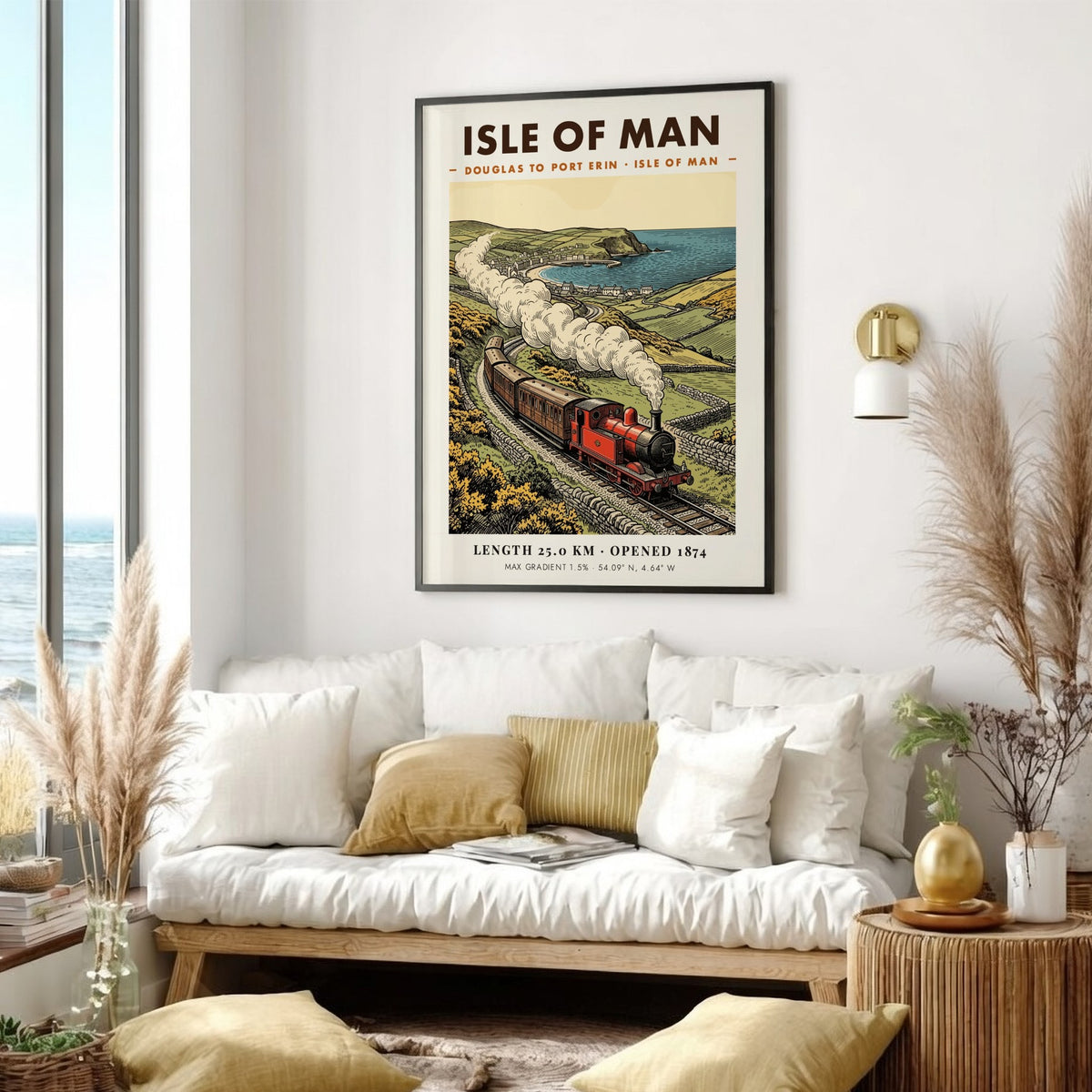Vintage travel poster featuring a red steam train on the Isle of Man coastline.
