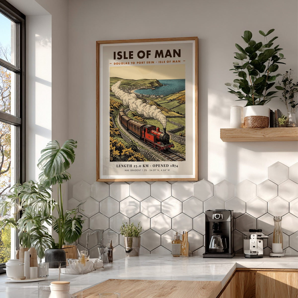 Vintage travel poster featuring a red steam train on the Isle of Man coastline.