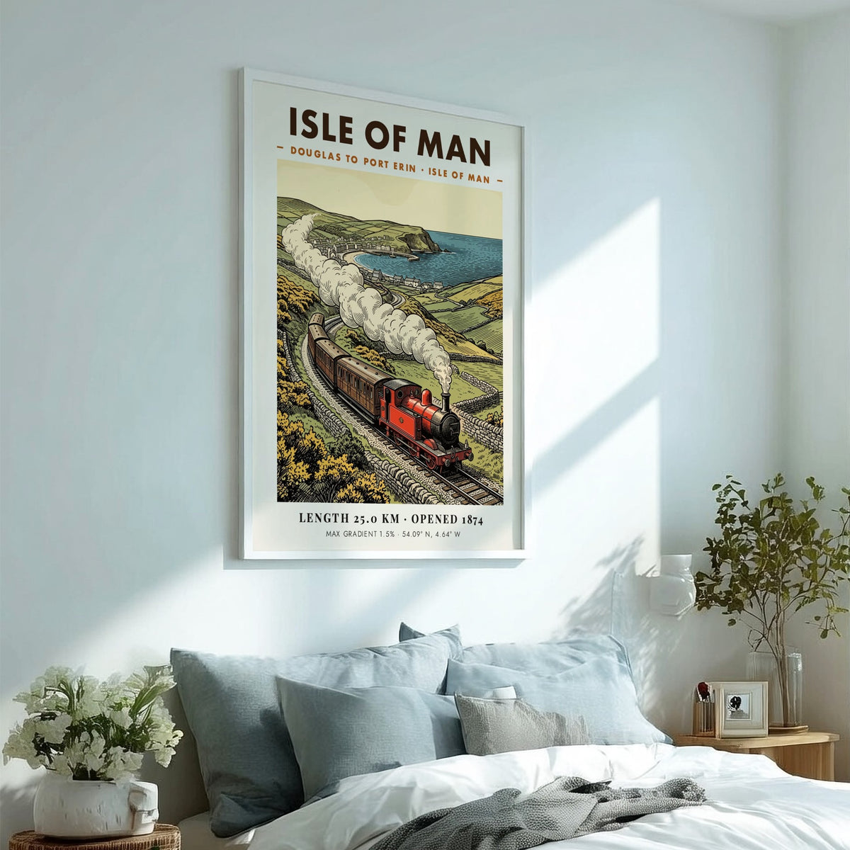 Vintage travel poster featuring a red steam train on the Isle of Man coastline.