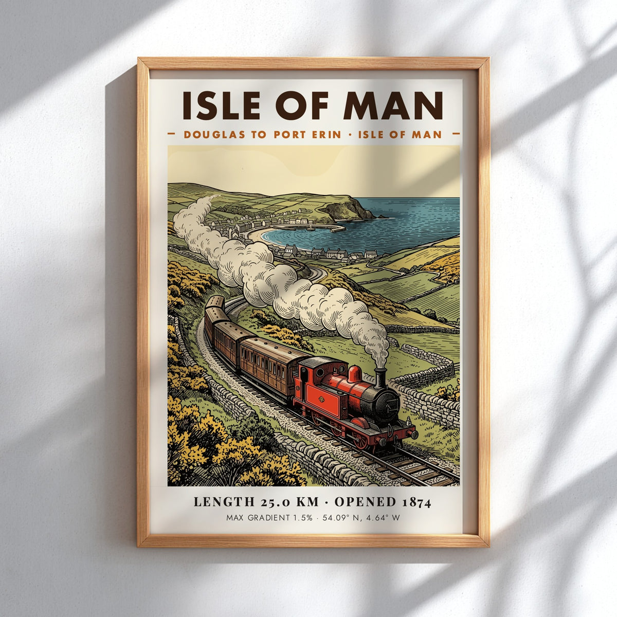 Vintage travel poster featuring a red steam train on the Isle of Man coastline.