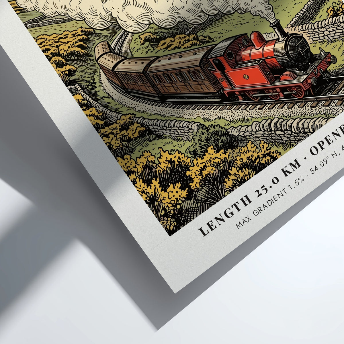 Vintage travel poster featuring a red steam train on the Isle of Man coastline.