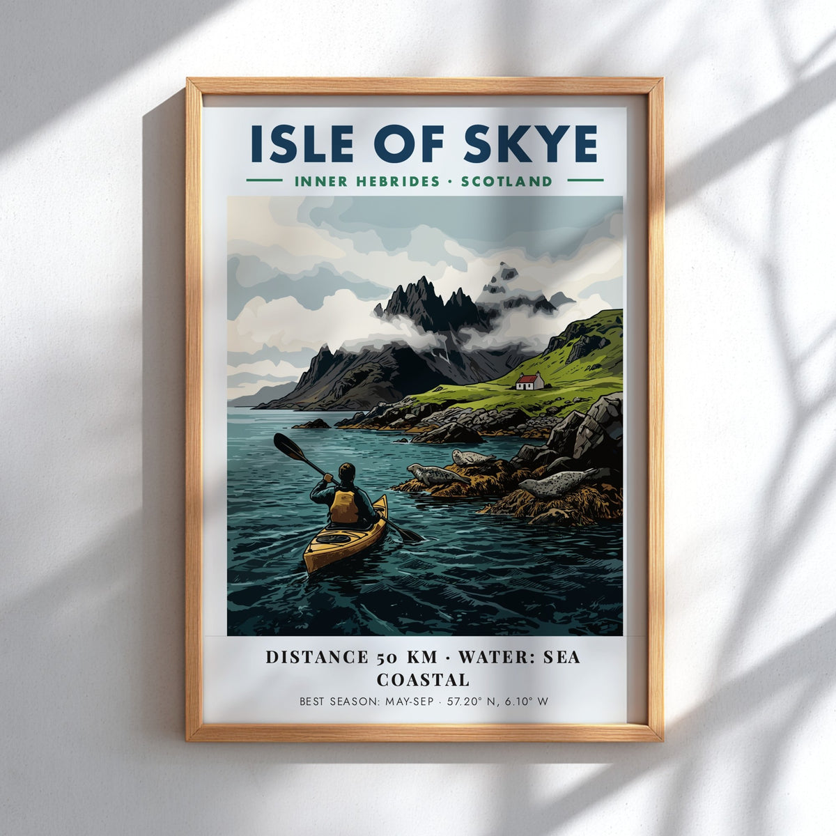 Poster of a kayaker paddling near the Isle of Skye with mountains and seals.