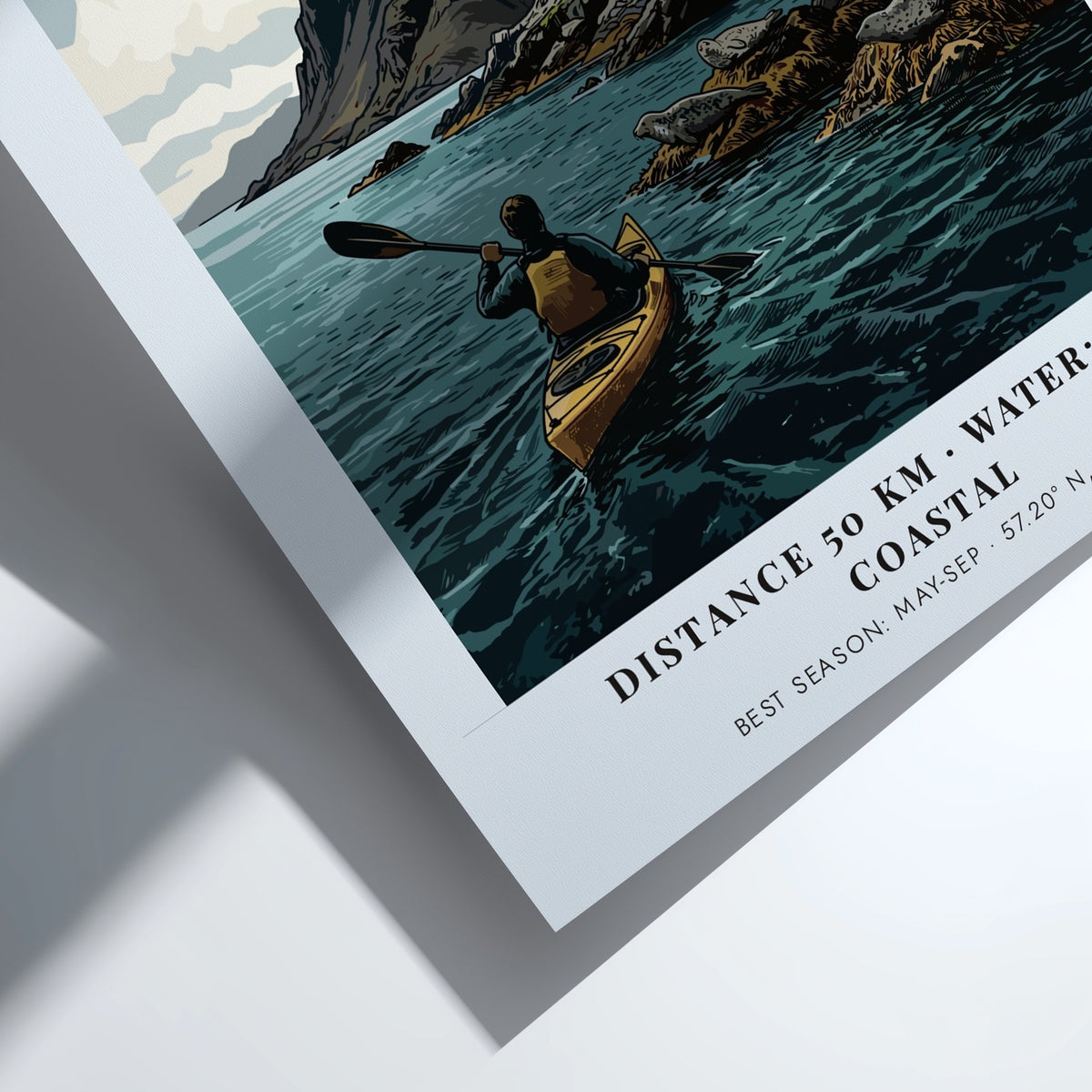 Poster of a kayaker paddling near the Isle of Skye with mountains and seals.