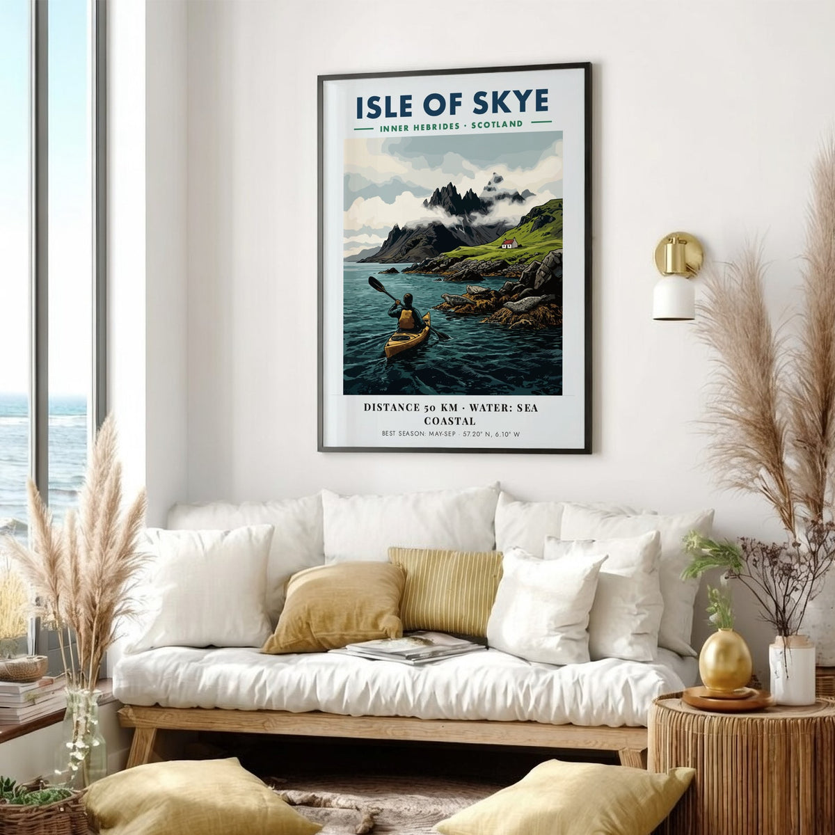 Poster of a kayaker paddling near the Isle of Skye with mountains and seals.