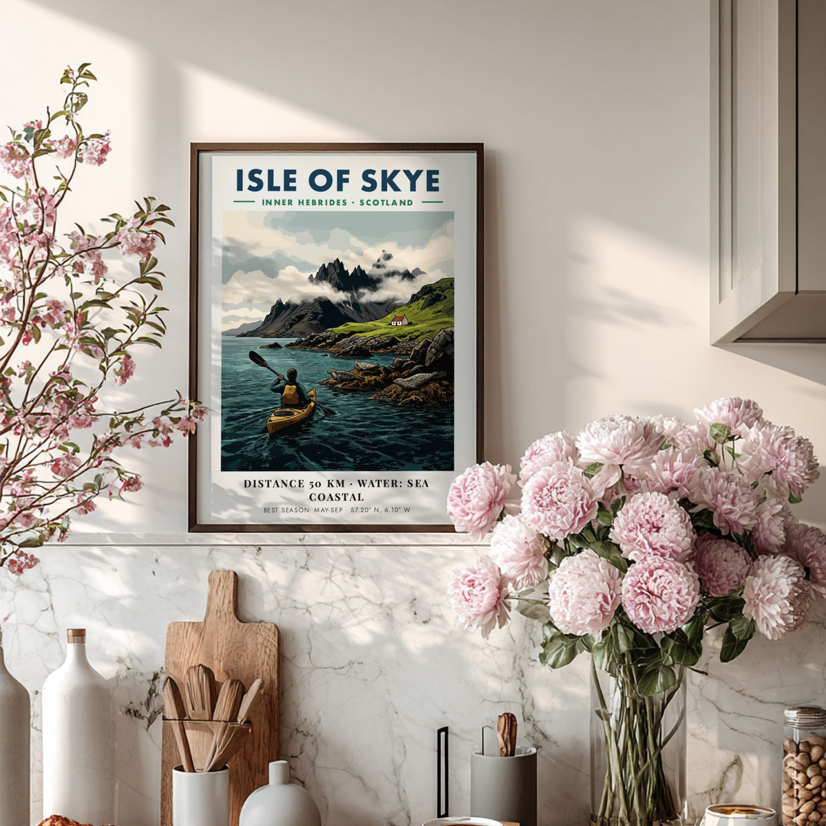 Poster of a kayaker paddling near the Isle of Skye with mountains and seals.